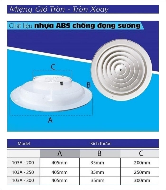 Cửa gió nhựa tròn xoay 103A-200 | Hùng Vương